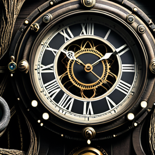 Home 7 **Prompt 1:** A highly detailed antique H.G. Tannhaus clock, its intricate gears visible and an Ouroboros symbol subtly incorporated into its design. The clock face is cracked, indicating manipulated time. In the background, dark, entangled forest branches from Winden subtly morph into abstract temporal lines, representing the interwoven nature of time and destiny. Emphasize a mood of complex mystery and the cyclical nature of events. Cinematic lighting, deep shadows, dark fantasy aesthetic.
