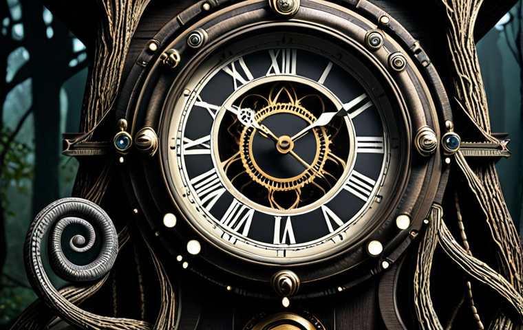 **Prompt 1:** A highly detailed antique H.G. Tannhaus clock, its intricate gears visible and an Ouroboros symbol subtly incorporated into its design. The clock face is cracked, indicating manipulated time. In the background, dark, entangled forest branches from Winden subtly morph into abstract temporal lines, representing the interwoven nature of time and destiny. Emphasize a mood of complex mystery and the cyclical nature of events. Cinematic lighting, deep shadows, dark fantasy aesthetic.