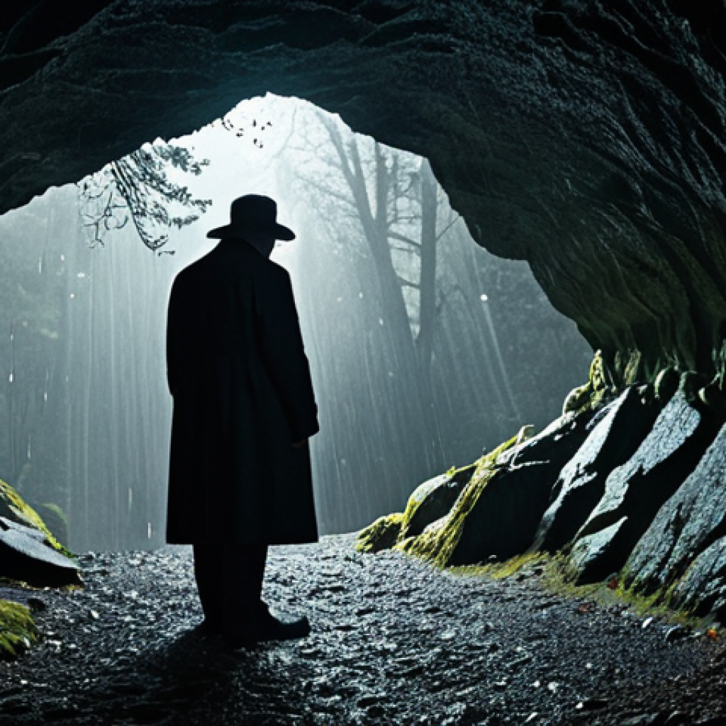 A solitary adult figure, fully clothed in a modest, professional dark trench coat, stands at the entrance of a mysterious, ancient cave in a dense, gloomy forest in Winden. Heavy rain falls under a grey, overcast sky. The atmosphere is oppressive and foreboding, with desaturated colors and strong contrasts of light and shadow, highlighting ancient, moss-covered rock formations. The lighting is dark and moody, evoking a sense of deep mystery and an unbreakable cycle. Perfect anatomy, correct proportions, natural pose, well-formed hands, proper finger count, natural body proportions. Safe for work, appropriate content, fully clothed, modest, family-friendly professional photography, high quality.