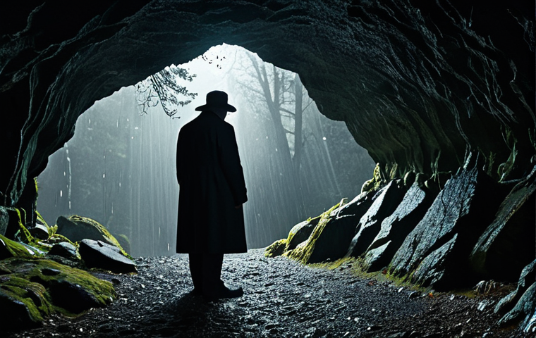 A solitary adult figure, fully clothed in a modest, professional dark trench coat, stands at the entrance of a mysterious, ancient cave in a dense, gloomy forest in Winden. Heavy rain falls under a grey, overcast sky. The atmosphere is oppressive and foreboding, with desaturated colors and strong contrasts of light and shadow, highlighting ancient, moss-covered rock formations. The lighting is dark and moody, evoking a sense of deep mystery and an unbreakable cycle. Perfect anatomy, correct proportions, natural pose, well-formed hands, proper finger count, natural body proportions. Safe for work, appropriate content, fully clothed, modest, family-friendly professional photography, high quality.