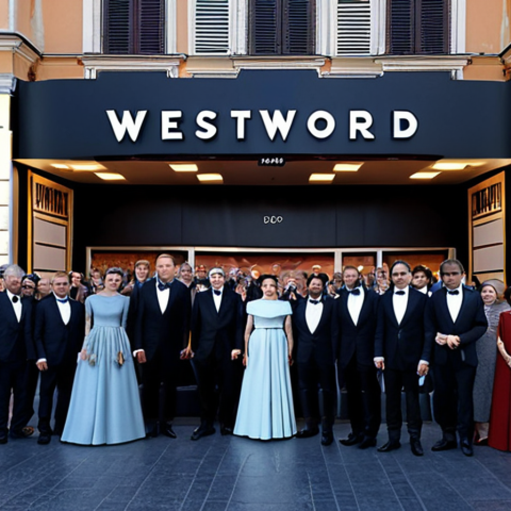 Westworld Premiere Excitement**
A bustling premiere event in Rome, Italy. Elegant attendees in formal wear, appropriate attire. A movie theatre facade with "Westworld" illuminated on the marquee. Paparazzi flashing cameras. Safe for work, family-friendly atmosphere, professional photography, well-formed hands, correct proportions, natural pose, fully clothed, modest clothing.
**