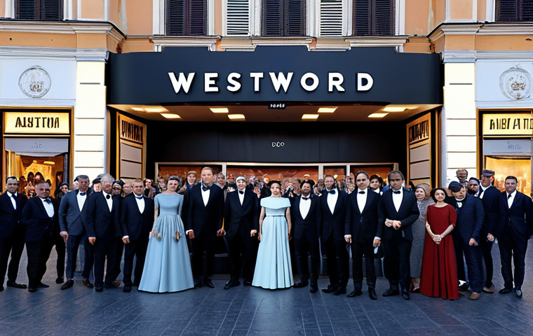 Westworld Premiere Excitement**

A bustling premiere event in Rome, Italy. Elegant attendees in formal wear, appropriate attire. A movie theatre facade with "Westworld" illuminated on the marquee. Paparazzi flashing cameras. Safe for work, family-friendly atmosphere, professional photography, well-formed hands, correct proportions, natural pose, fully clothed, modest clothing.

**
