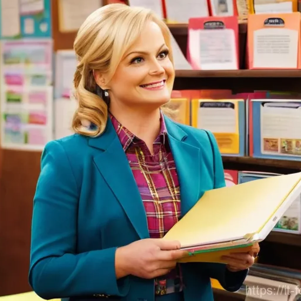 파크 앤 레크리에이션 시청 포인트 - **Leslie Knope's Undying Optimism:** A vibrant and energetic Leslie Knope, dressed in a smart, color...