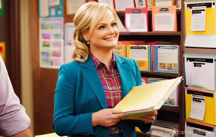 파크 앤 레크리에이션 시청 포인트 - **Leslie Knope's Undying Optimism:** A vibrant and energetic Leslie Knope, dressed in a smart, color...
