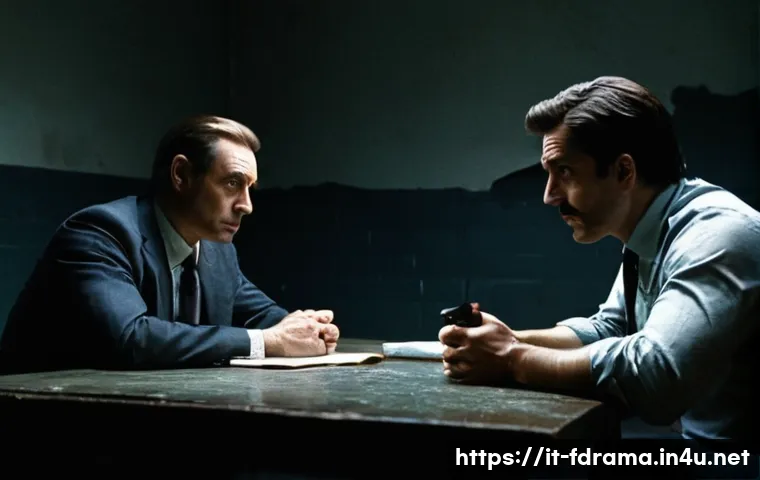 호미사이드 시즌별 시청 포인트 - **Interrogation Room Tension:** A male detective, in his late 40s, with a sharp, intense gaze, dress...