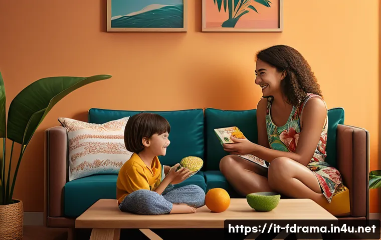 릴로와 스티치  시리즈 시청 팁 - A warm, cozy living room decorated with Hawaiian-themed elements like hibiscus flowers, surfboards, ...
