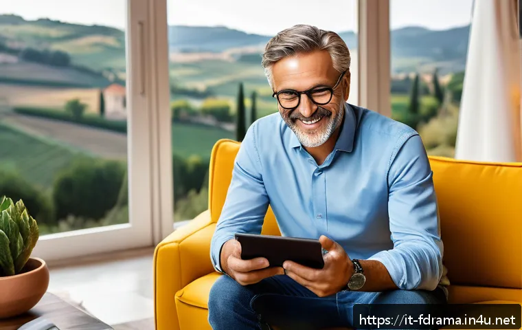 블랙리스트 시청 포인트 - A cozy Italian living room setting with a middle-aged Italian man sitting comfortably on a modern so...