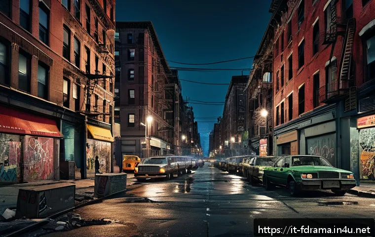 더 디비전 실화 기반의 배경 - A dystopian New York City street scene at dusk, showcasing abandoned neighborhoods with damaged infr...