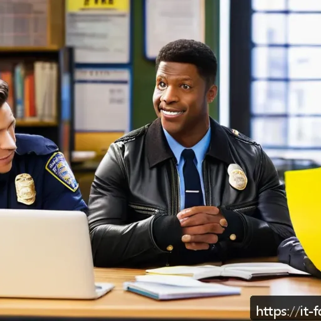브루클린 나인 나인 주요 코미디 요소 - A vibrant group scene inside the Brooklyn Nine-Nine precinct featuring five diverse detectives in a ...