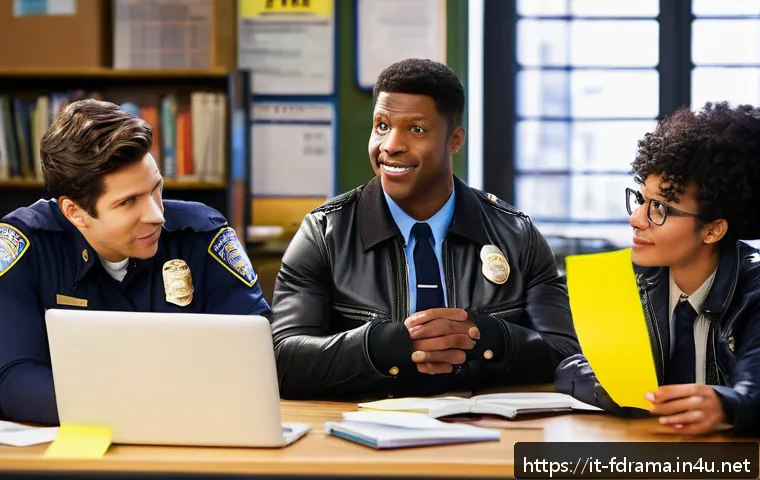 브루클린 나인 나인 주요 코미디 요소 - A vibrant group scene inside the Brooklyn Nine-Nine precinct featuring five diverse detectives in a ...