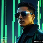 Home 22 더 매트릭스 스토리 해석 - A futuristic, cyberpunk cityscape at night illuminated by neon green digital rain resembling cascadi...