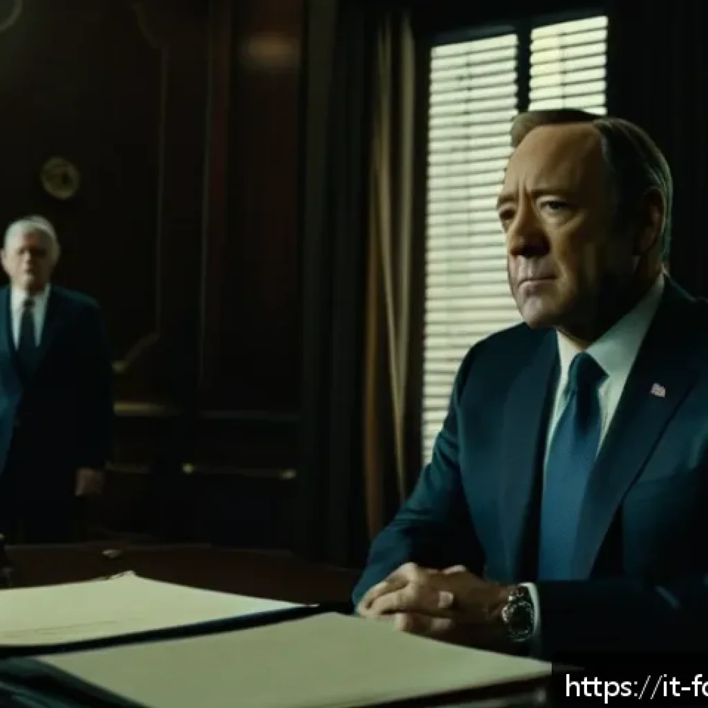 하우스 오브 카드 시즌별 변화 - A sophisticated political drama scene set in a dimly lit, grandiose office resembling the U.S. Capit...