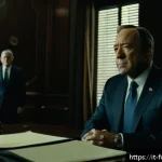Home 21 하우스 오브 카드 시즌별 변화 - A sophisticated political drama scene set in a dimly lit, grandiose office resembling the U.S. Capit...