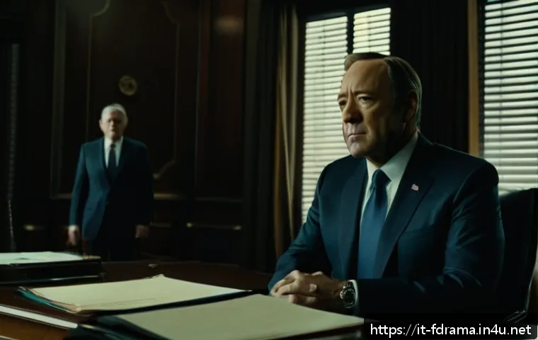 하우스 오브 카드 시즌별 변화 - A sophisticated political drama scene set in a dimly lit, grandiose office resembling the U.S. Capit...