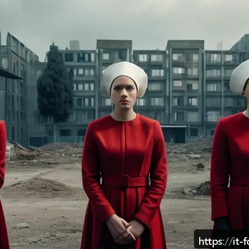 Home 32 핸드메이즈 테일 스토리 해석 - A powerful dystopian scene inspired by "The Handmaid’s Tale," featuring a group of women dressed in ...