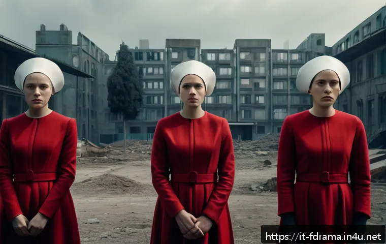 핸드메이즈 테일 스토리 해석 - A powerful dystopian scene inspired by "The Handmaid&rsquo;s Tale," featuring a group of women dressed in ...
