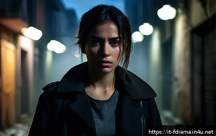 더 스피릿 리벤지 스토리 요약 - A complex female protagonist standing in a dimly lit urban alley at night, her expression a mix of d...