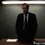 Home 18 마인드헌터 촬영기 비하인드 - A dimly lit, minimalist interrogation room set in the late 1970s, with stark, cold walls and a singl...