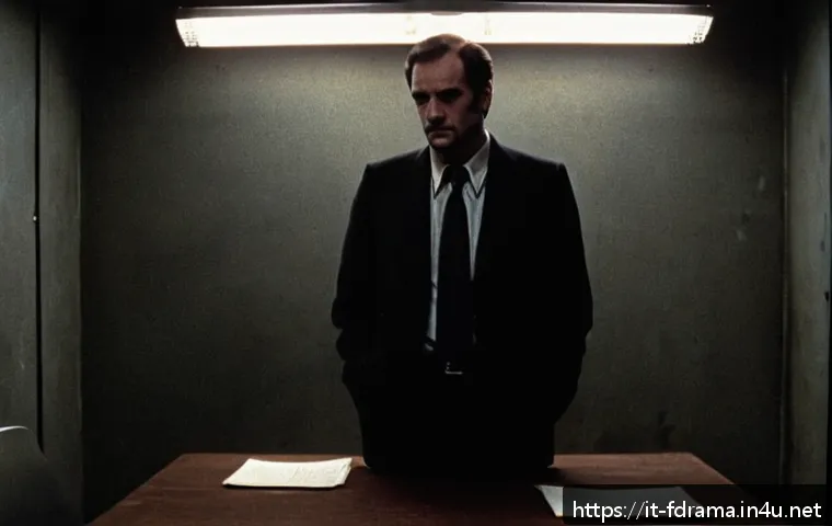 마인드헌터 촬영기 비하인드 - A dimly lit, minimalist interrogation room set in the late 1970s, with stark, cold walls and a singl...