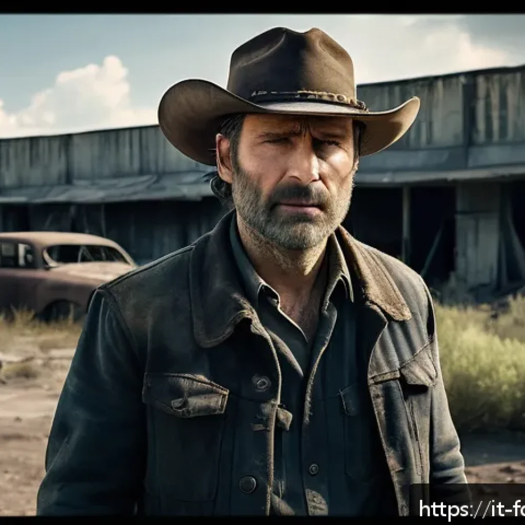 더 워킹 데드 주요 인물 분석 - A rugged, post-apocalyptic scene featuring a brave male leader resembling Rick Grimes: a middle-aged...