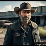 Home 23 더 워킹 데드 주요 인물 분석 - A rugged, post-apocalyptic scene featuring a brave male leader resembling Rick Grimes: a middle-aged...