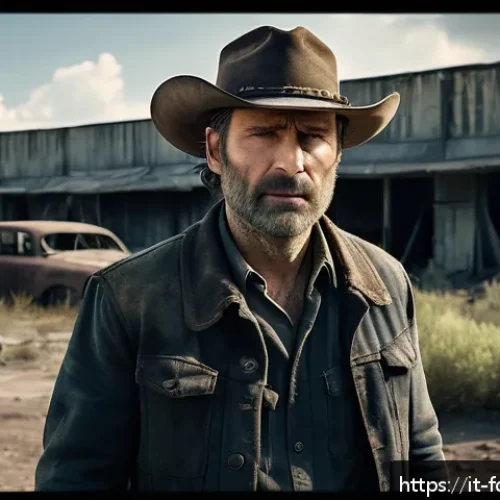 Home 17 더 워킹 데드 주요 인물 분석 - A rugged, post-apocalyptic scene featuring a brave male leader resembling Rick Grimes: a middle-aged...