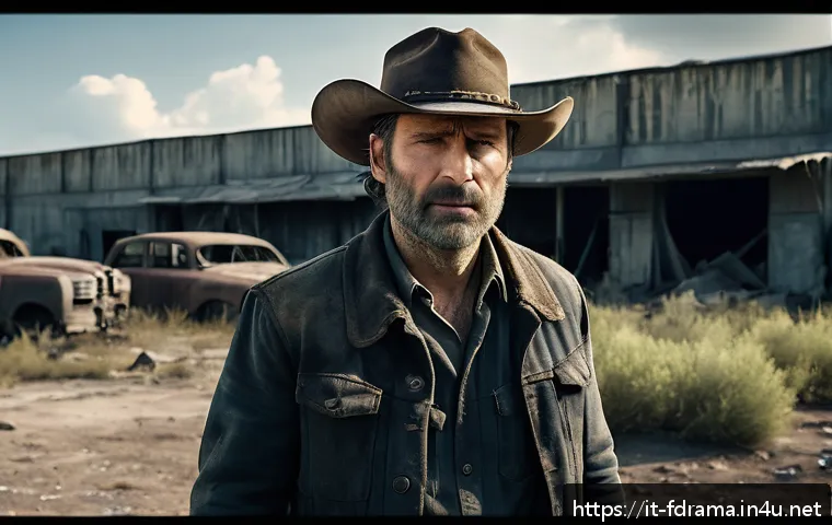 더 워킹 데드 주요 인물 분석 - A rugged, post-apocalyptic scene featuring a brave male leader resembling Rick Grimes: a middle-aged...